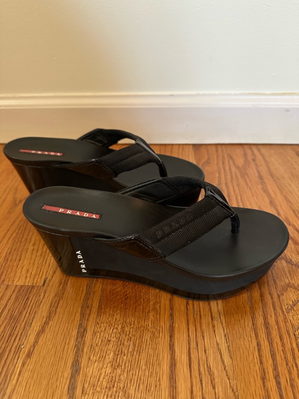 Prada sport black wedge flip flops size 37.5 great condition